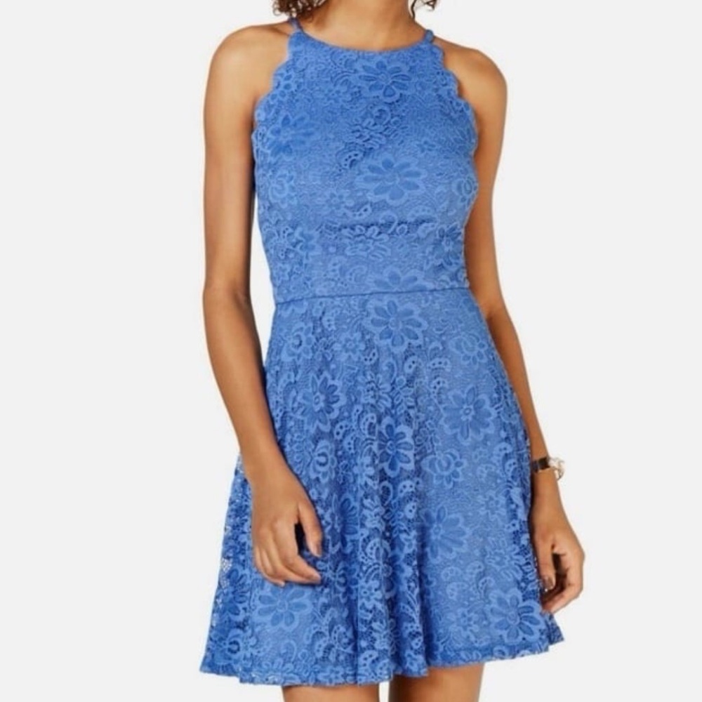 BCX Periwinkle Floral Lace Scallop Mini Dress